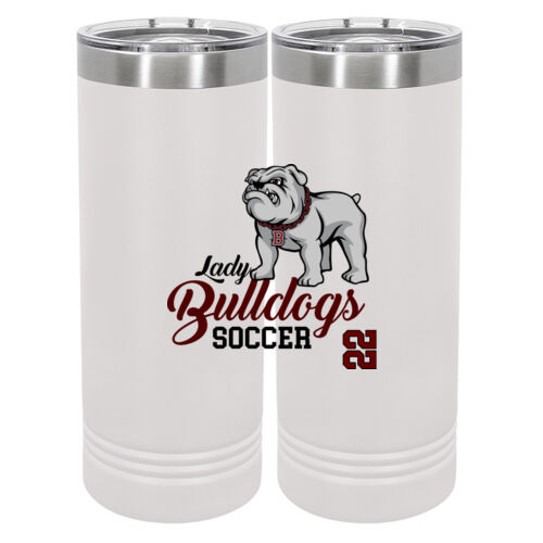 Lady Bulldog Soccer with Optional Number   - 20 oz Stainless White Skinny Tumbler with Stainless Straw and Lid Thumbnail